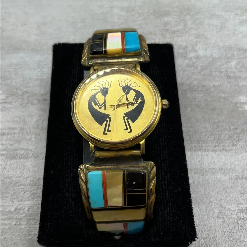 Watch Tip Albert Yazzie Gold Watch 925 Colorful Turquoise Onyx MOP Coral VTG